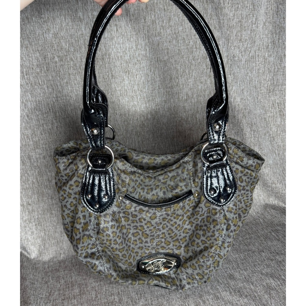 Sienna Ricchi Y2K Leopard Print Metallic Hobo Bag Black Patent Trim Silver